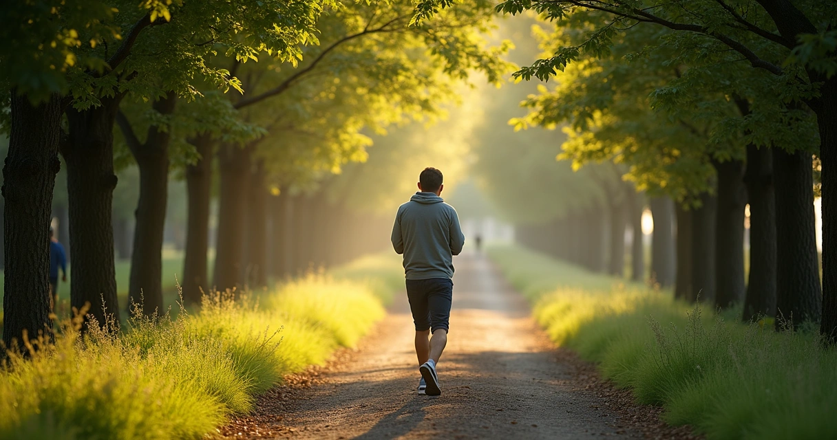 Pessoa caminhando em trilha arborizada ao entardecer