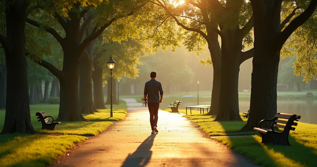 Pessoa caminhando sozinha em um parque ao fim da tarde