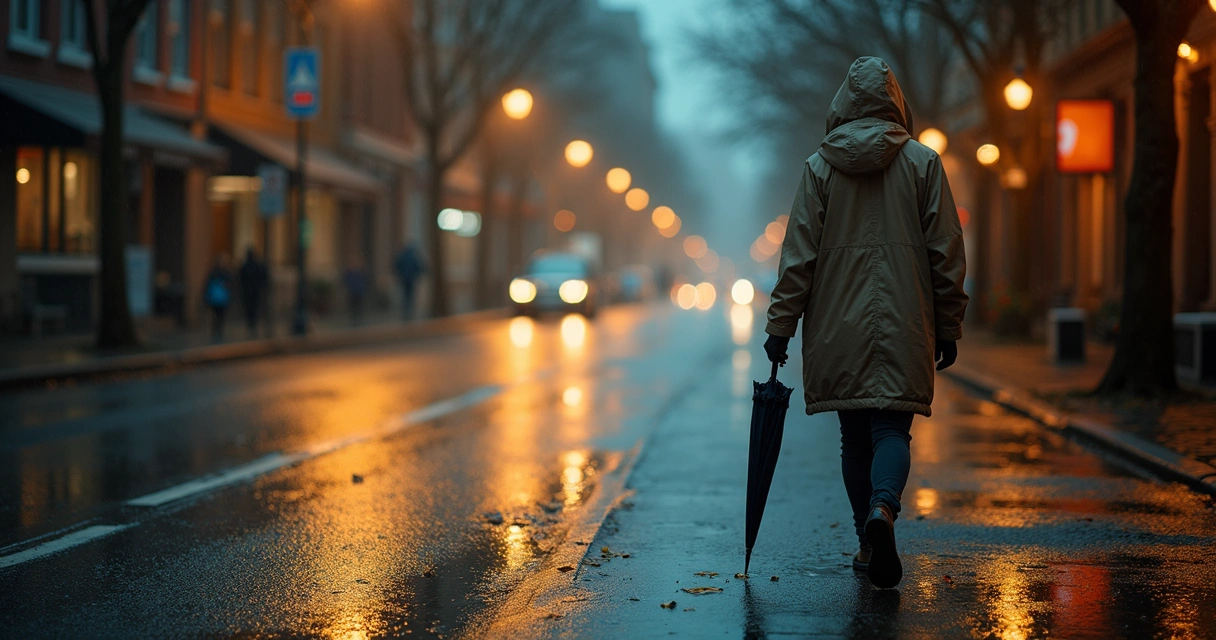 Pessoa caminhando sozinha à noite em rua molhada pela chuva 