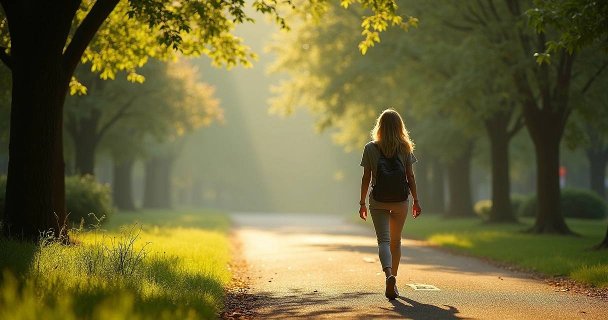 Mulher caminhando sozinha em parque arborizado de manhã 