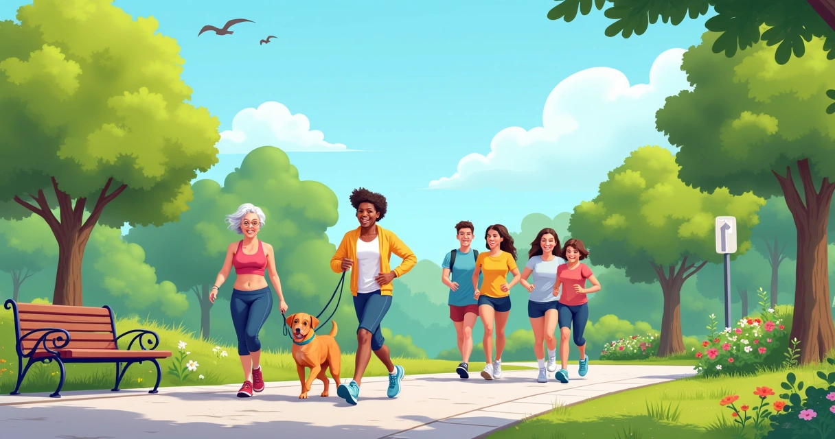 Park scene with people walking and jogging, surrounded by trees, flowers, and a clear blue sky.