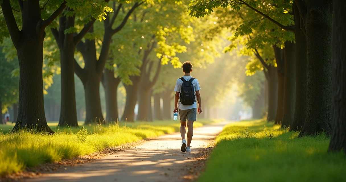 Pessoa caminhando em parque verde com luz suave e árvores ao redor 