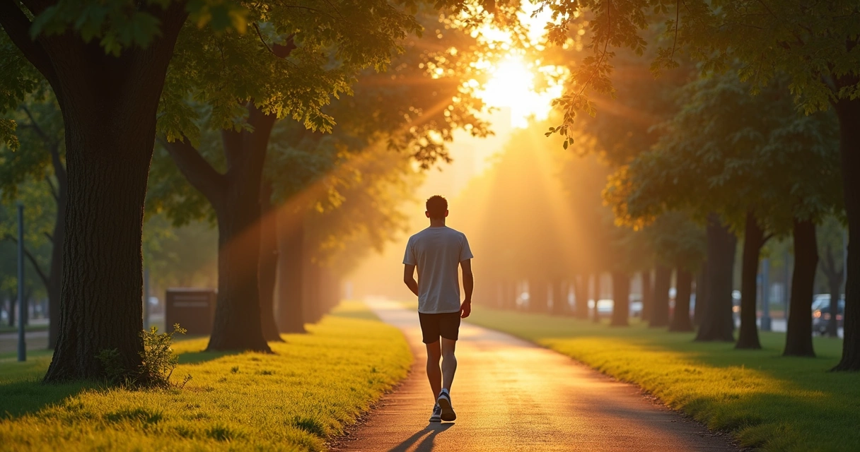 Pessoa caminhando em parque ao amanhecer