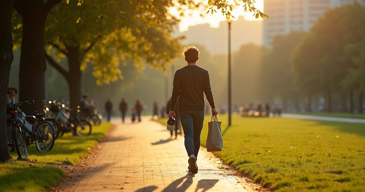 Pessoa caminhando em parque urbano com garrafa reutilizável