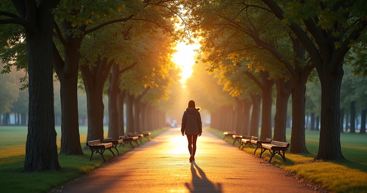 Pessoa caminhando sozinha em parque ao entardecer