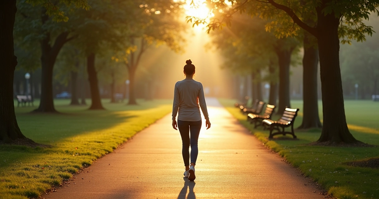 Pessoa caminhando em parque pela manhã com luz suave