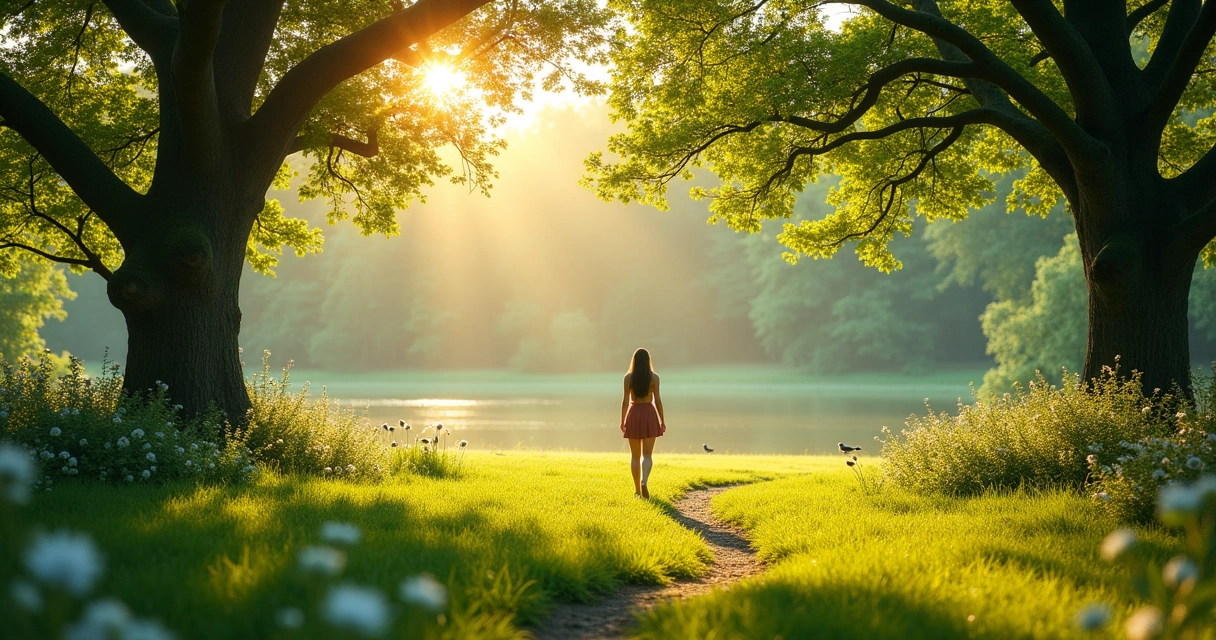 Pessoa caminhando descalça em um parque verdejante sob a luz suave do sol, cercada por natureza e serenidade.