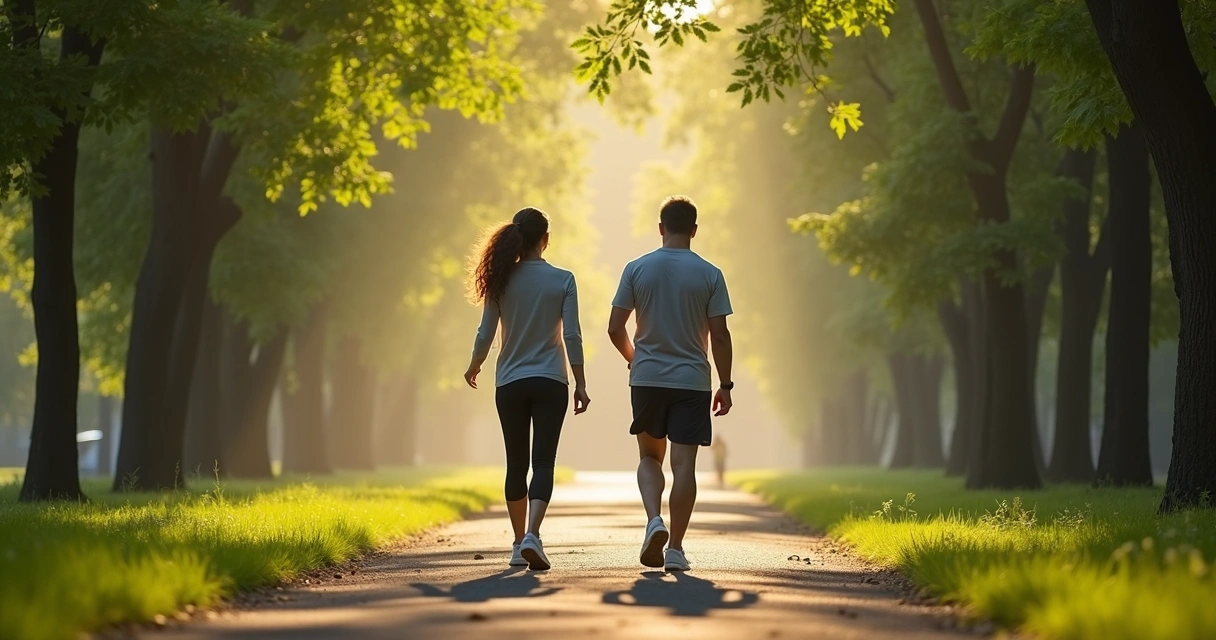 Duas pessoas caminhando em parque arborizado 