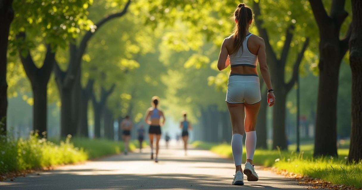 Pessoa caminhando em parque usando tênis e roupas leves, pós-cirurgia de varizes