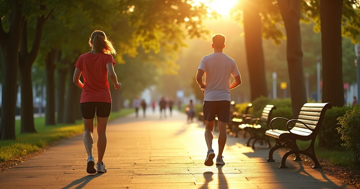 Pessoa caminhando em parque ao fim da tarde com sensação de rotina leve