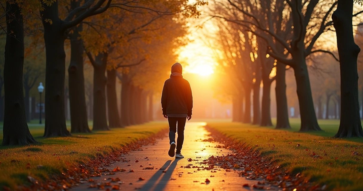 Pessoa caminhando sozinha em parque sereno ao entardecer 