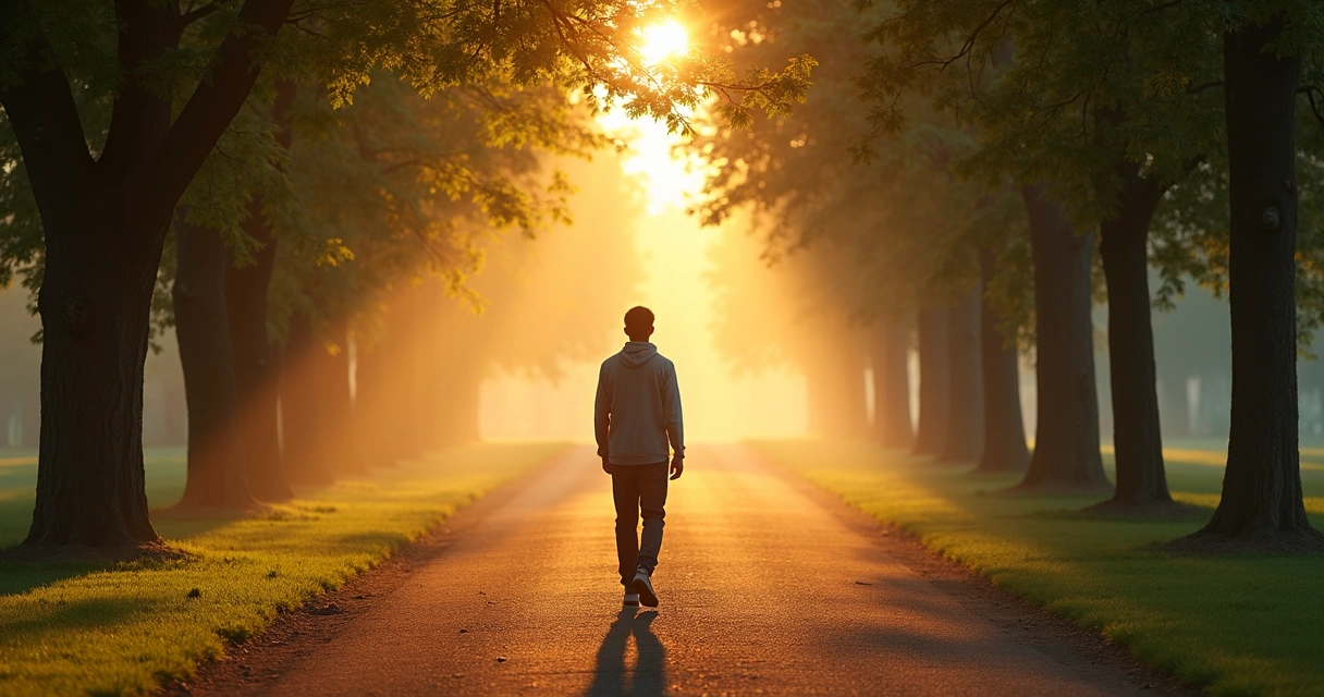 Pessoa caminhando sozinha em parque ao amanhecer