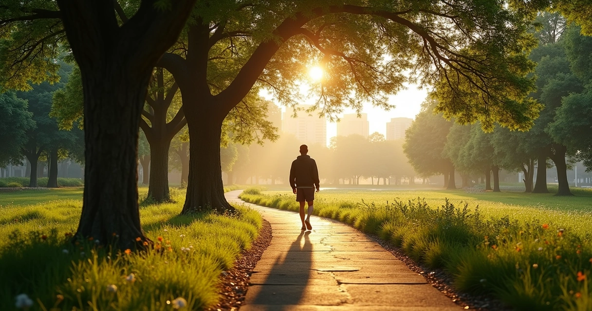 Pessoa caminhando em parque urbano com árvores e luz da manhã 