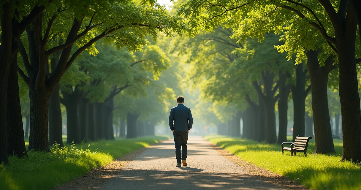 Pessoa caminhando em parque tranquilo, refletindo 