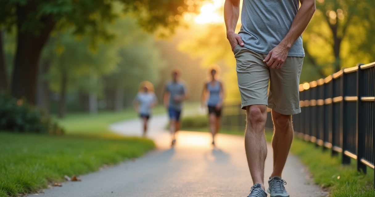 Pessoa caminhando em parque tocando a panturrilha por sensação de pernas pesadas 