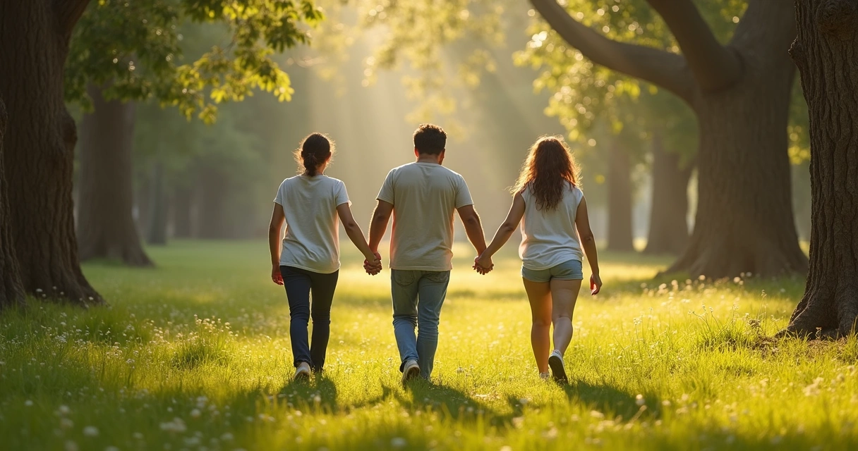 Três pessoas caminhando ao ar livre em dia de verão 