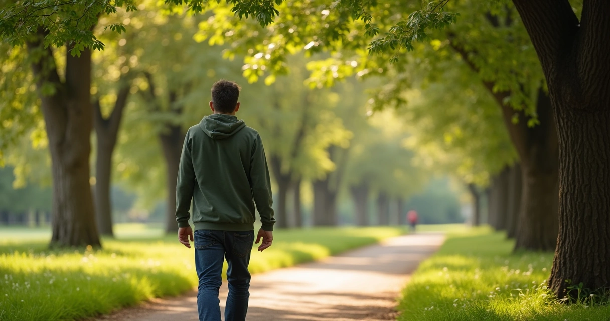 Pessoa caminhando em parque com atenção ao corpo