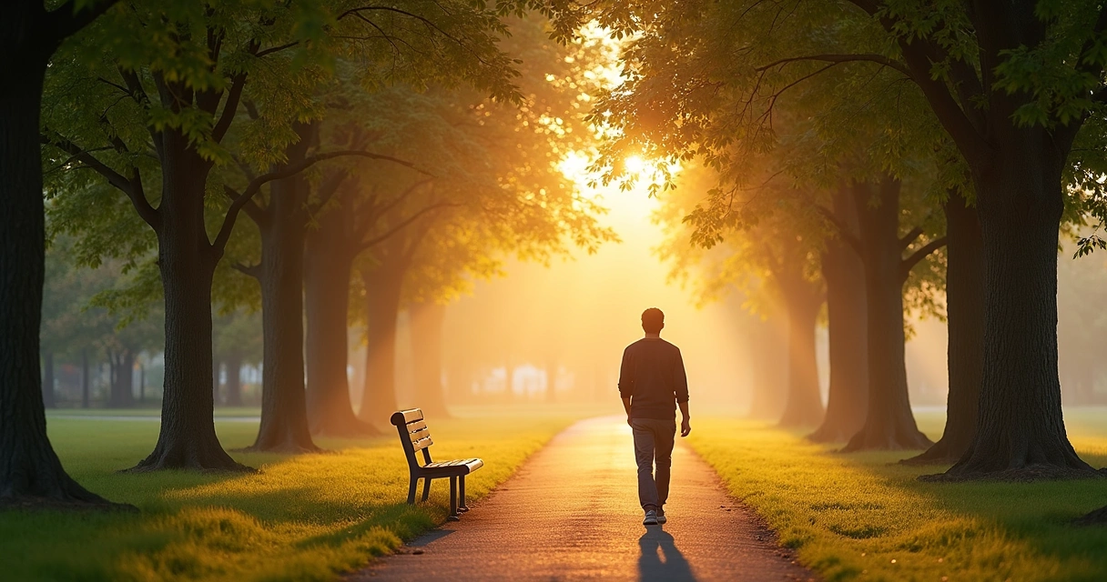 Pessoa caminhando sozinha em parque ao amanhecer