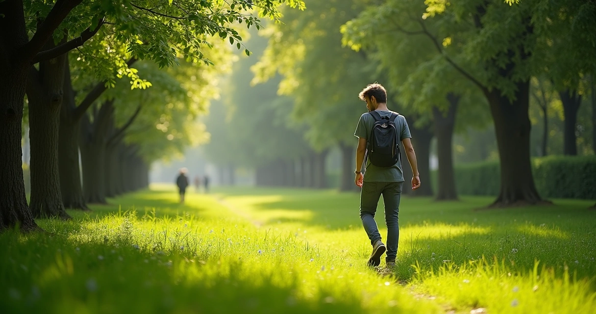 Pessoa caminhando em um parque, observando a natureza 