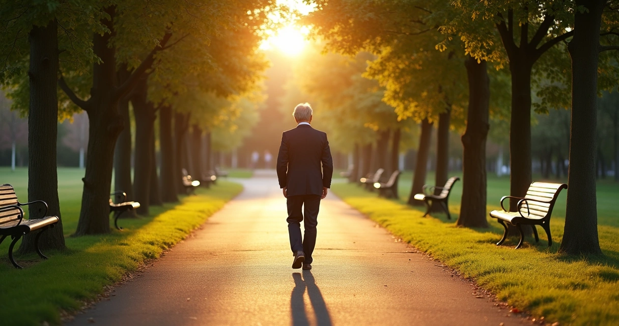 Pessoa madura caminhando sozinha em parque ao amanhecer