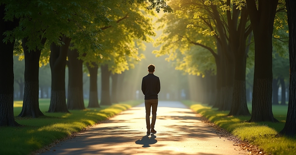 Pessoa caminhando sozinha em parque arborizado 