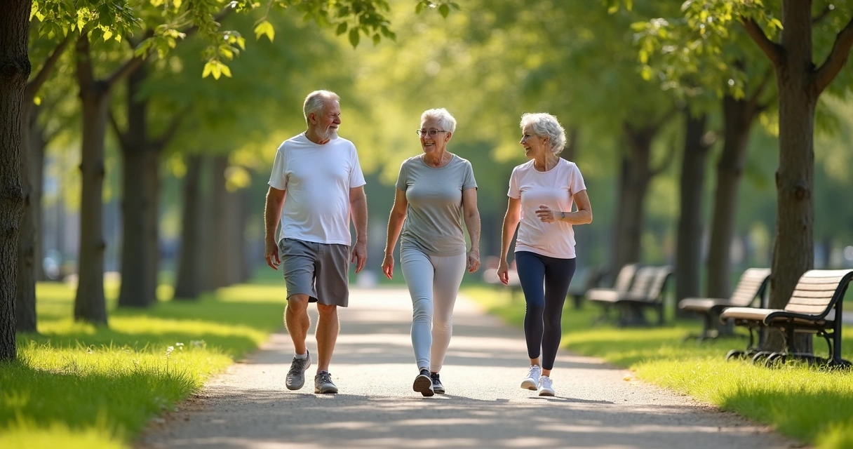 Pessoas maduras caminhando com segurança em parque usando joelheira de compressão 