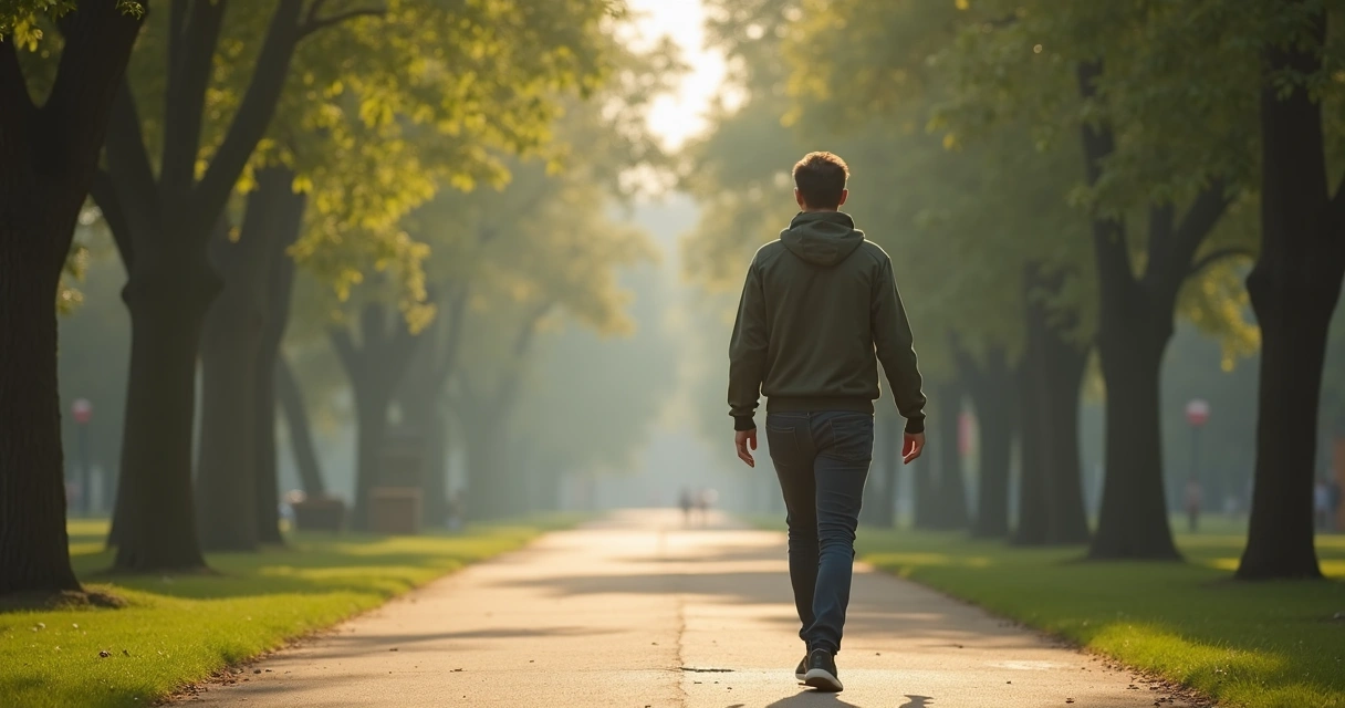 Pessoa caminhando em parque sem fones de ouvido 