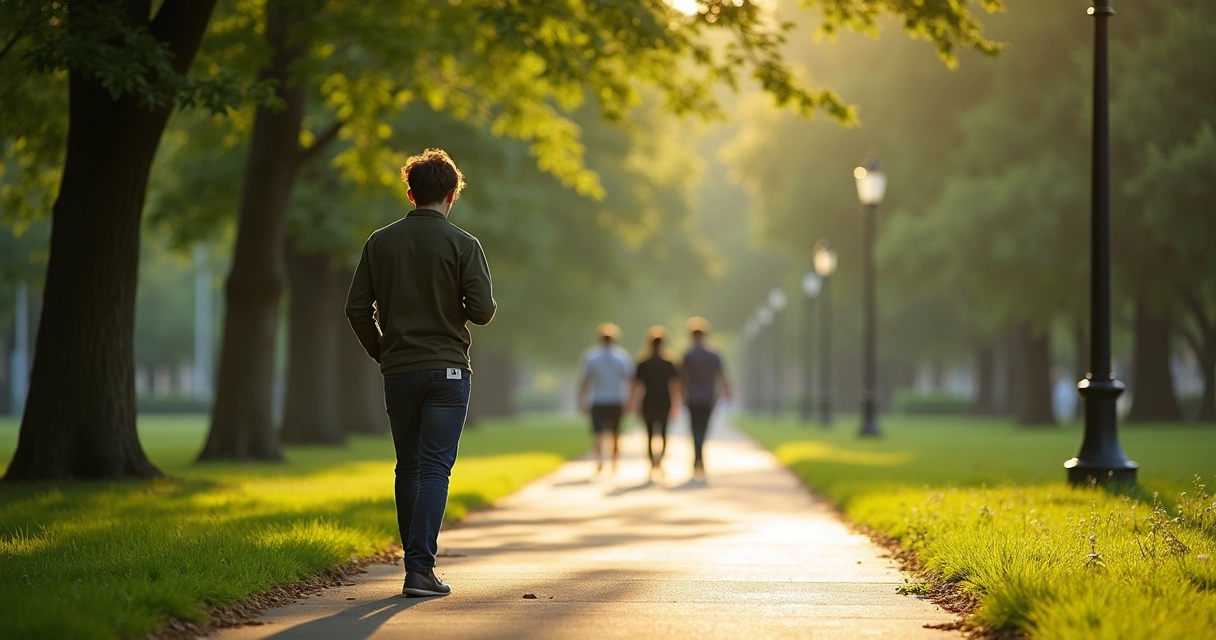 Pessoa caminhando em parque sem usar celular