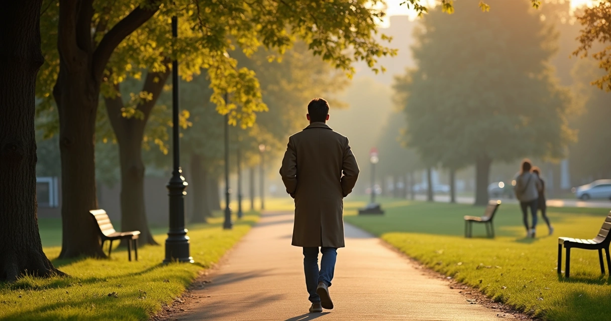 Pessoa caminhando em parque sem usar celular 