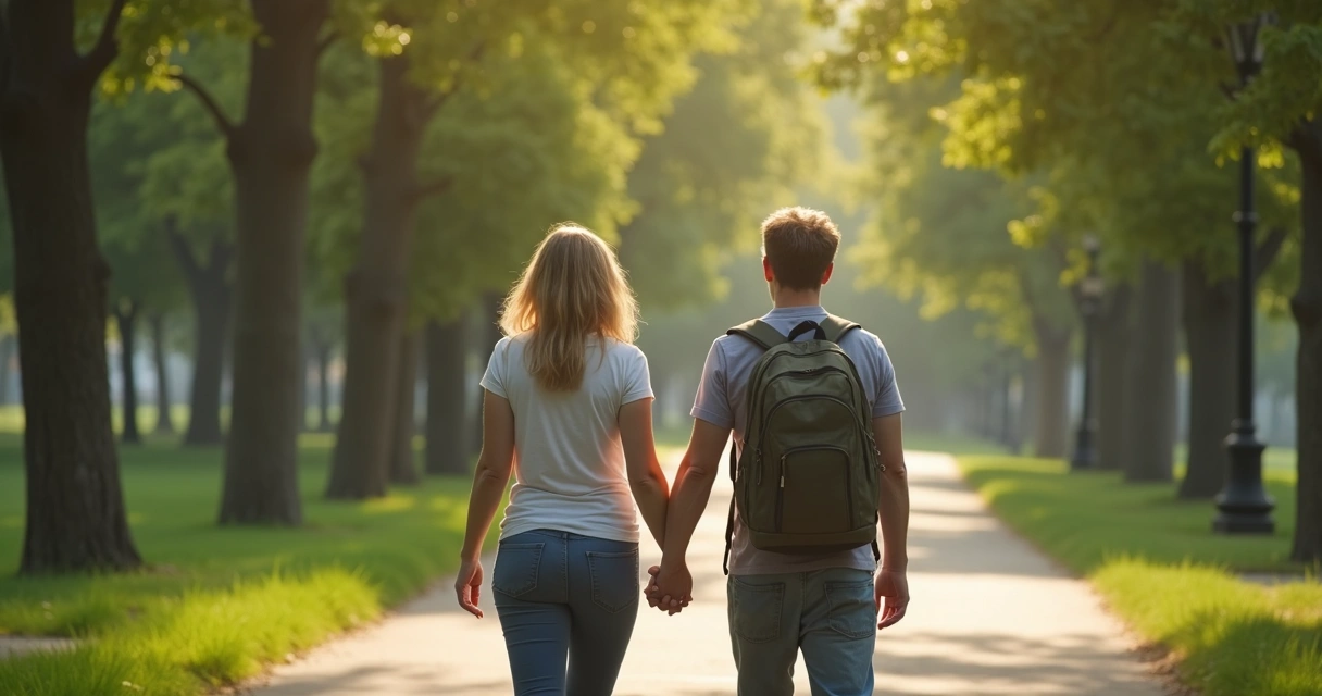 Duas pessoas caminhando em parque sem usar celular