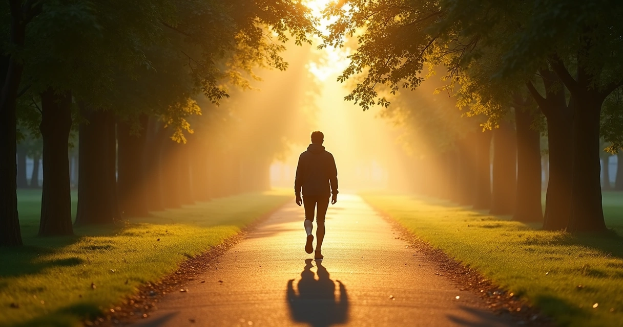 Pessoa caminhando sozinha em parque ao amanhecer