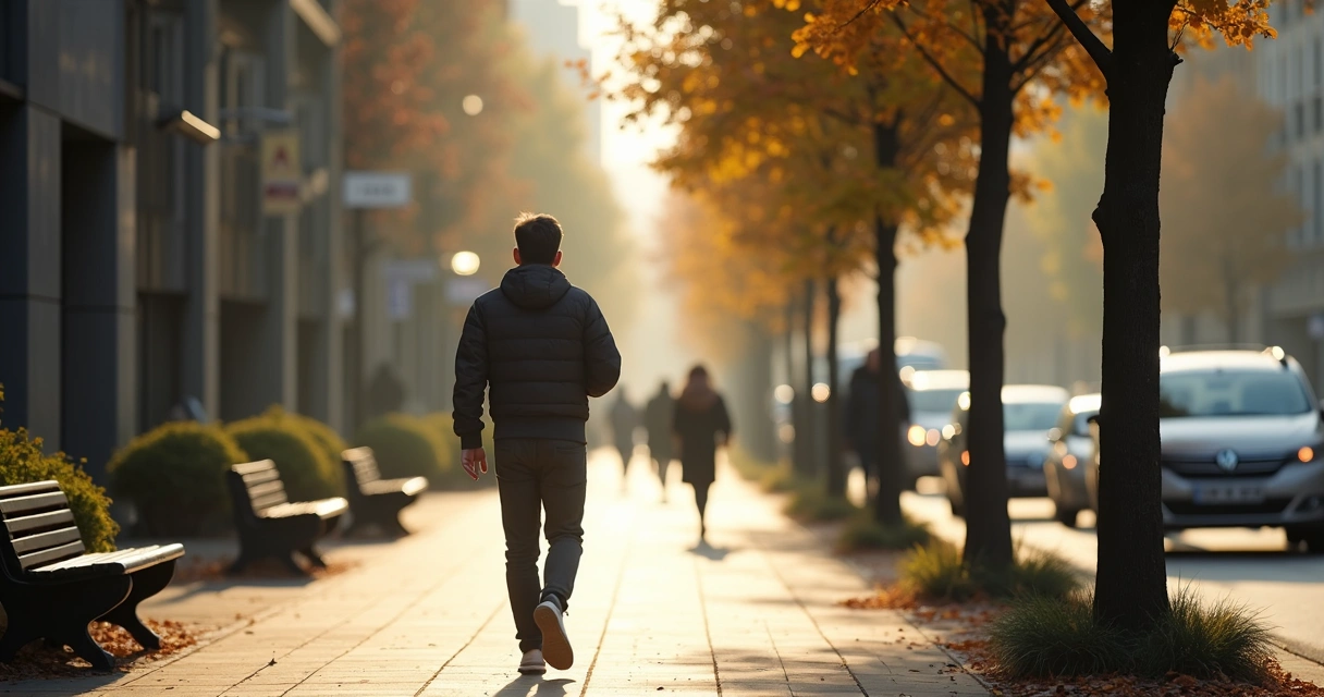 Pessoa caminhando em silêncio por rua urbana tranquila