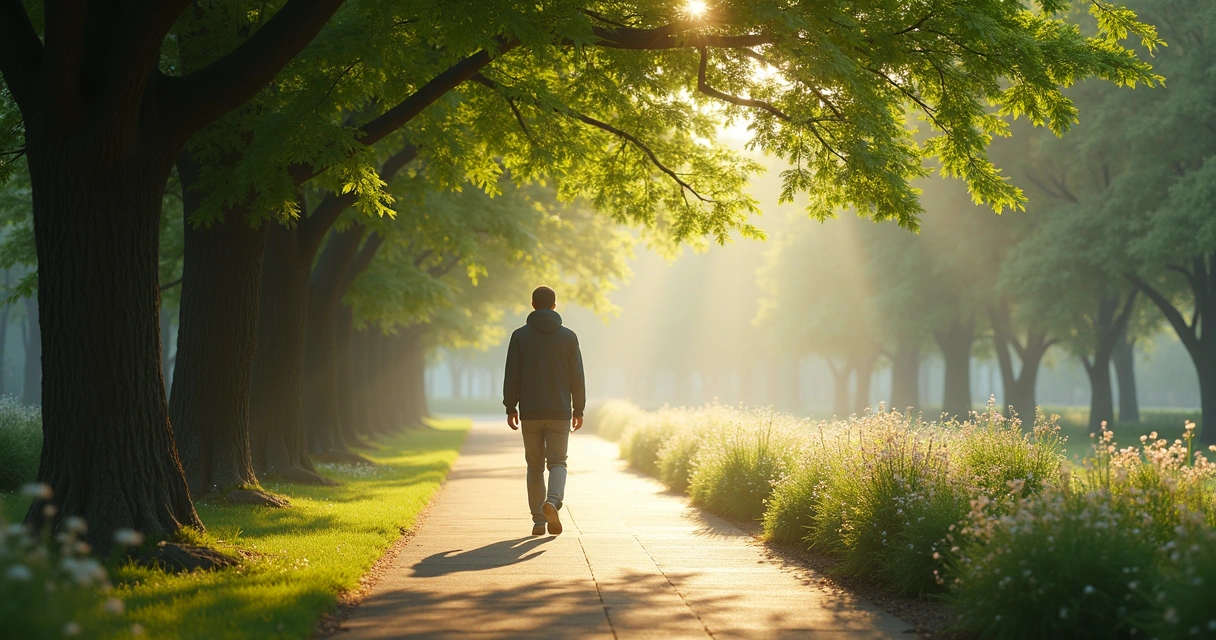 Pessoa caminhando silenciosamente em parque arborizado 
