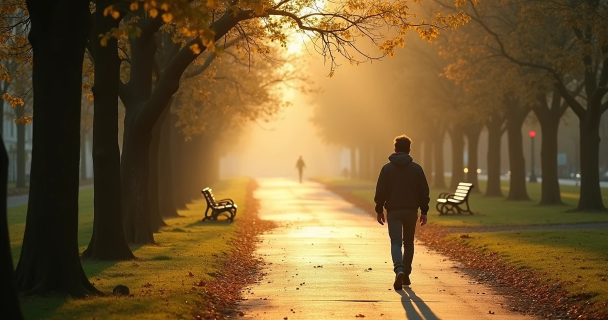 Pessoa caminhando sozinha em parque arborizado ao amanhecer