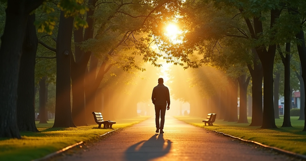 Pessoa caminhando sozinha em parque ao amanhecer 
