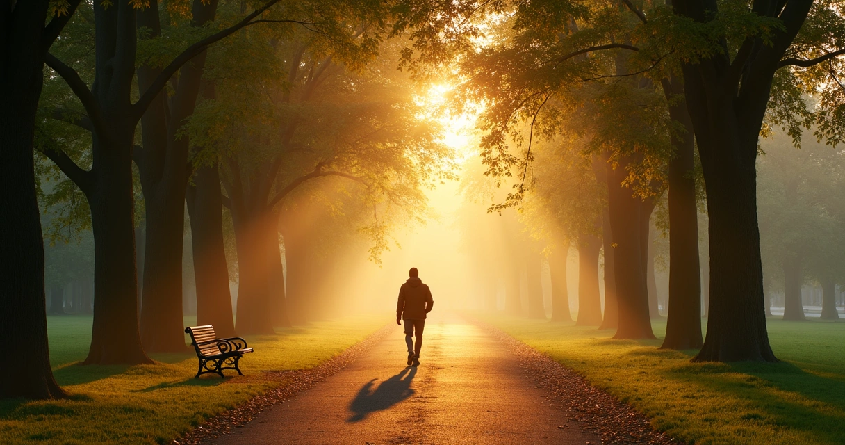 Pessoa caminhando sozinha em parque ao amanhecer 