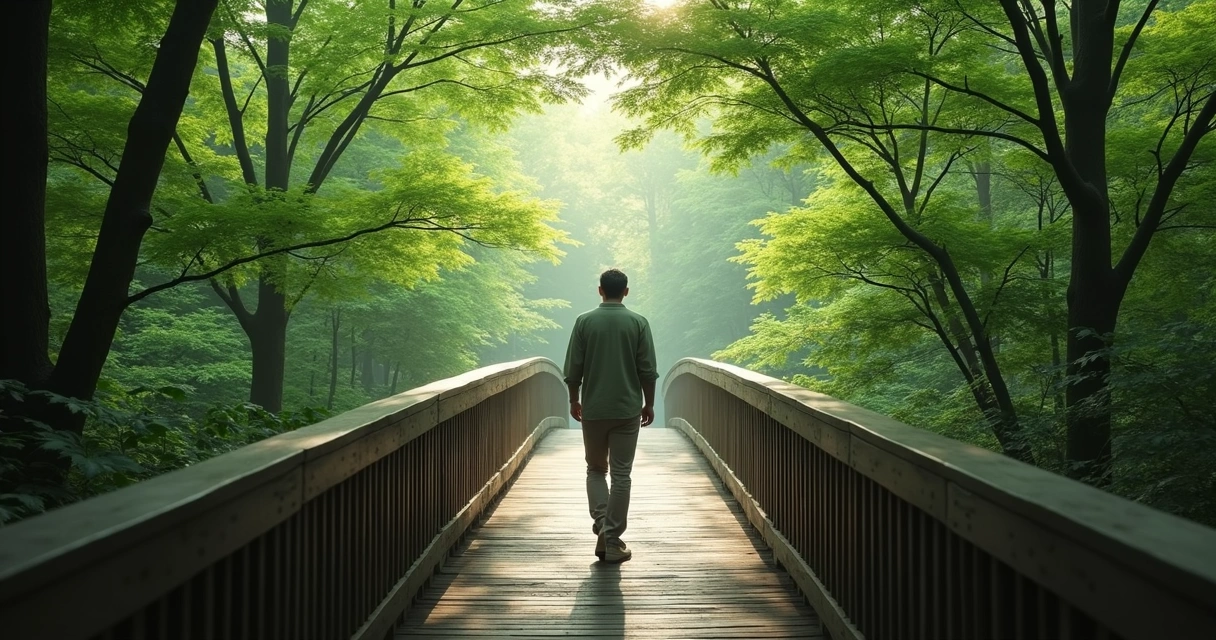 Pessoa caminhando sozinha em ponte de madeira, cercada por natureza.