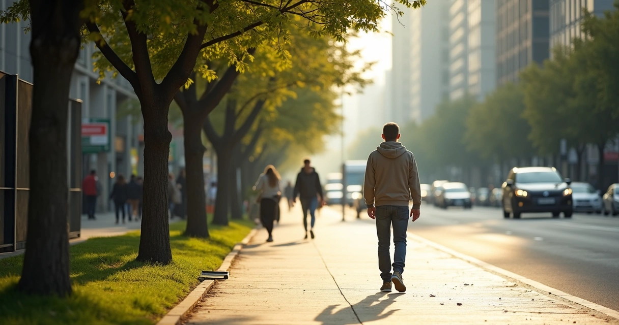 Pessoa caminhando com atenção em calçada arborizada 
