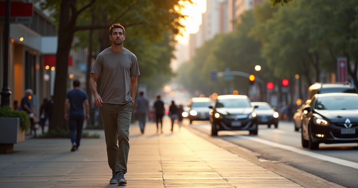 Pessoa caminhando com atenção em rua urbana 