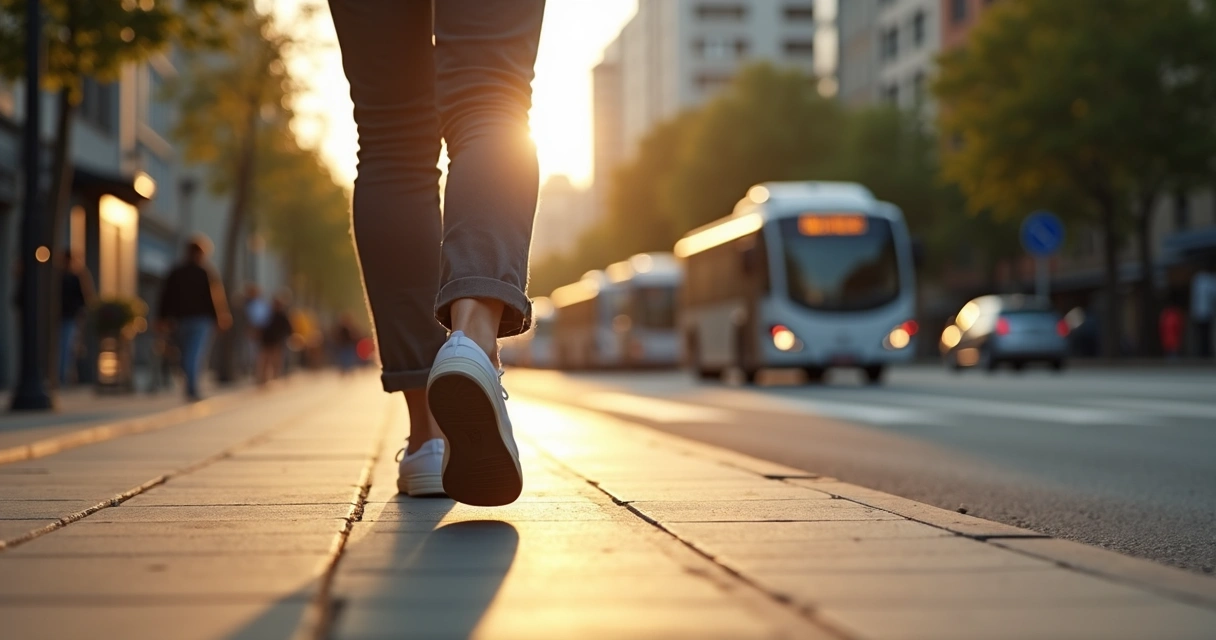 Pessoa caminhando na calçada com atenção aos passos em ambiente urbano 