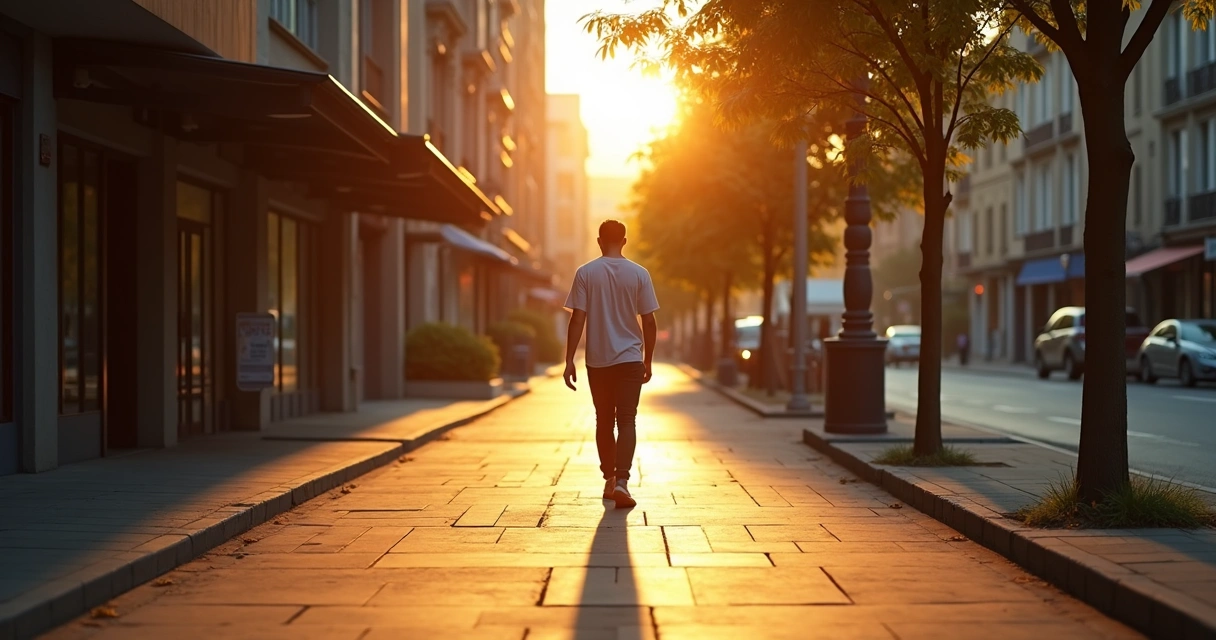 Pessoa caminhando sozinha em calçada urbana ao entardecer 