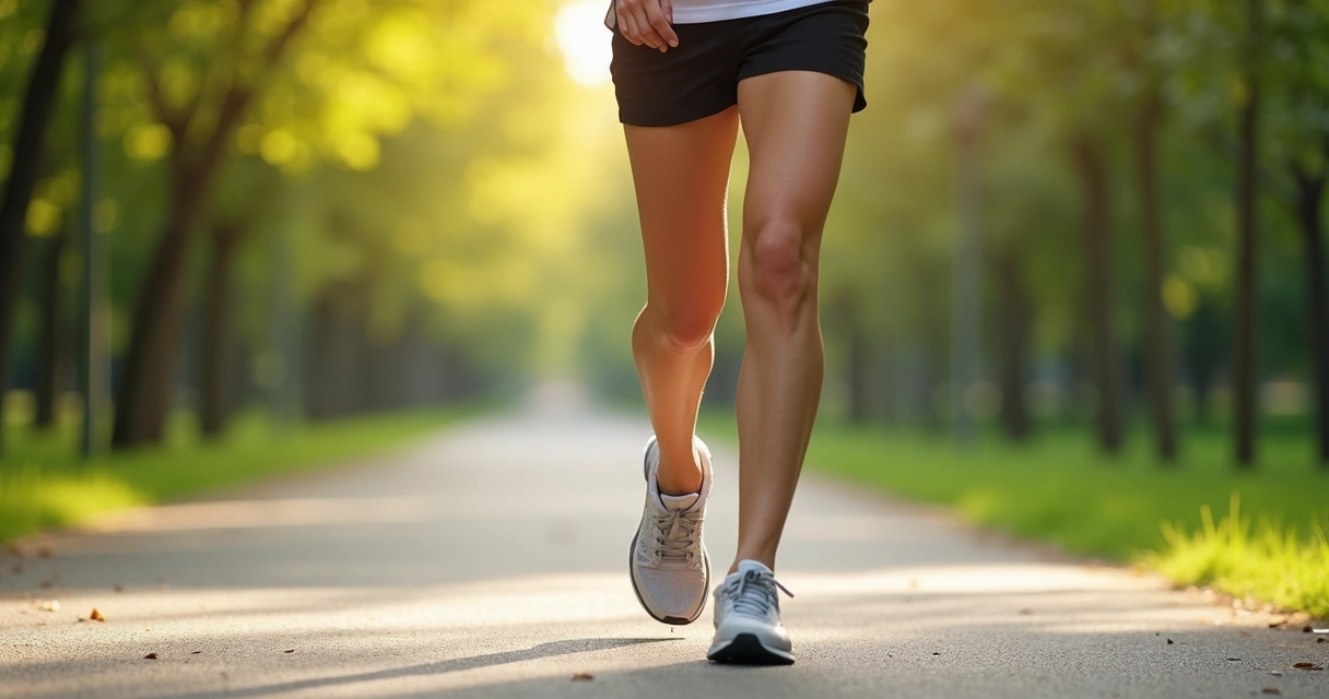 Pessoa caminhando em parque com roupas esportivas, tênis confortável e pernas à mostra 
