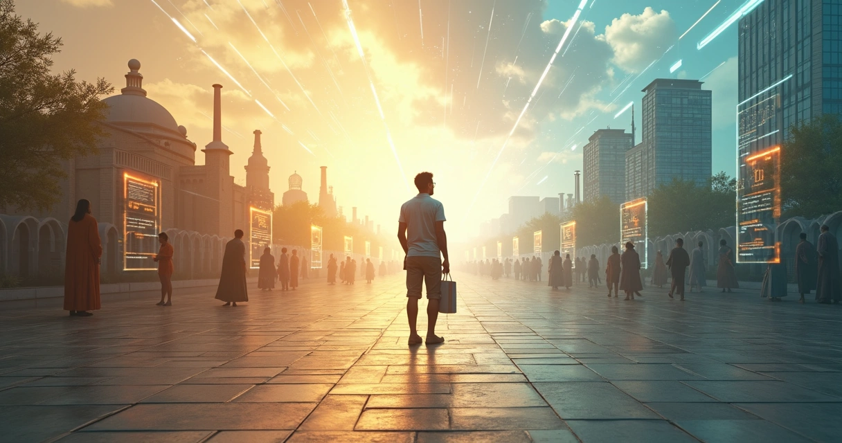 Pessoa caminhando sobre linha do tempo histórica em paisagem urbana e natural 