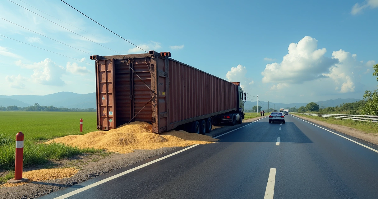 Caminhão tombado na rodovia após acidente 