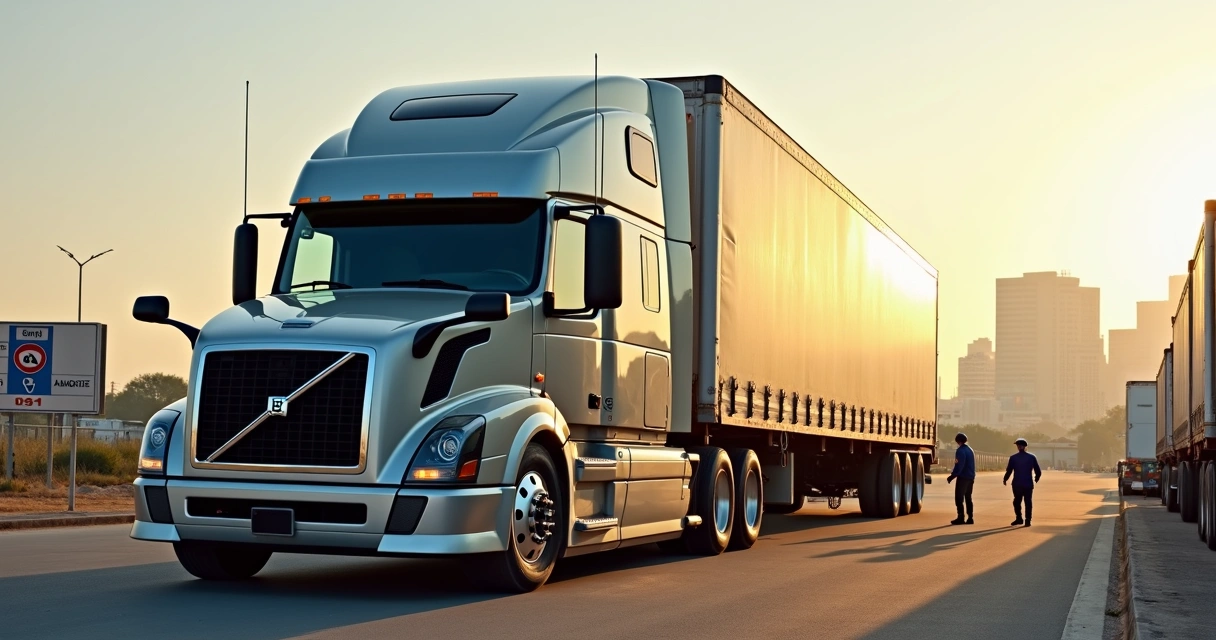 Caminhão grande em pátio logístico de Araraquara com céu claro