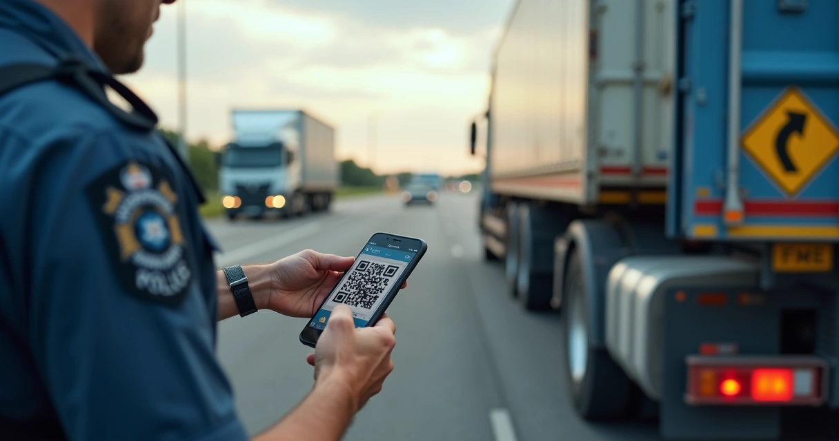 Caminhão parado em barreira policial, motorista mostrando documento digital no celular