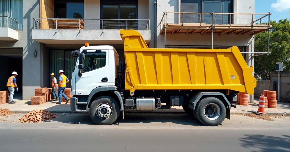 Caminhão de caçamba de entulho estacionado em frente a obra urbana 
