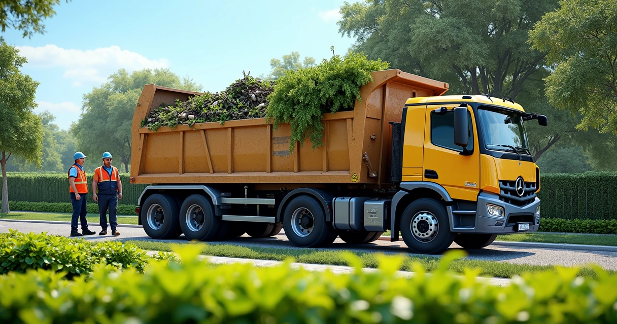 Caminhão de caçamba estacionado ao lado de jardim com entulho de poda sendo recolhido 