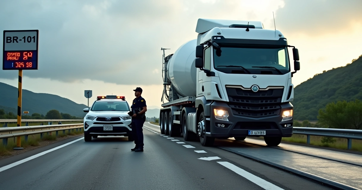 Caminhão de cimento pesado em balança de fiscalização na BR 101 em Santa Catarina 