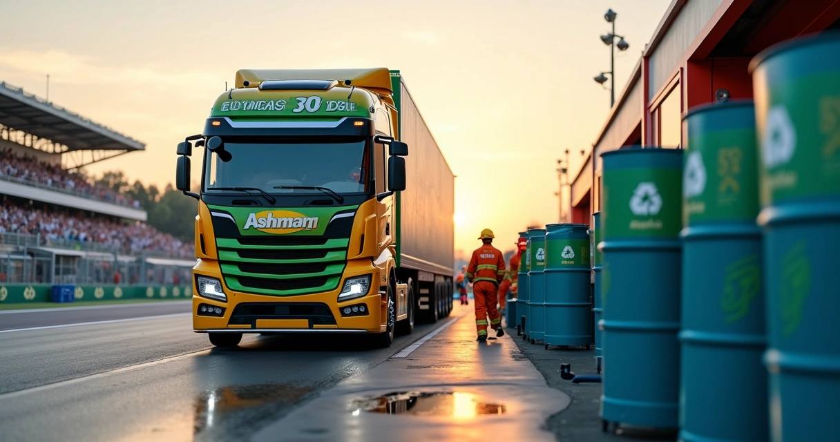 Caminhão de corrida da Copa Truck em boxes com tambores para coleta de óleo ao lado 